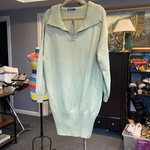 Women Sweater Dress Long Sleeve Lapel V-Neck Short Dress Pure olive green, sz L